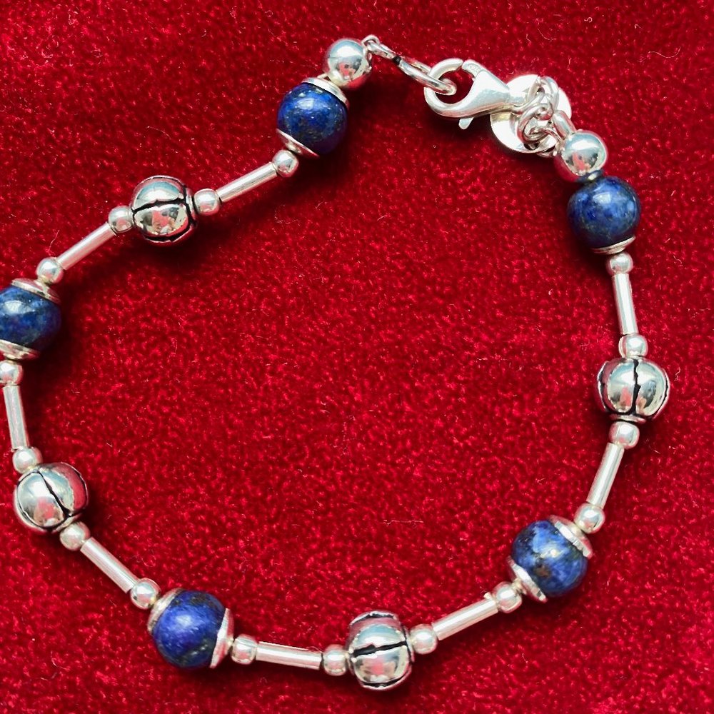 Silver and Blue Gemstone Beaded Bracelet